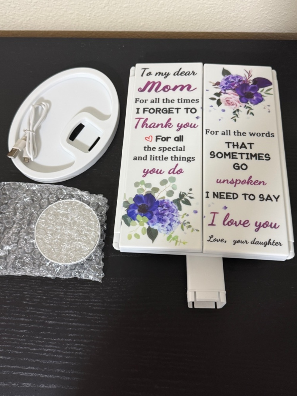 Foldable LED Vanity Mirror Panel - Purple Floral "Mom" Design